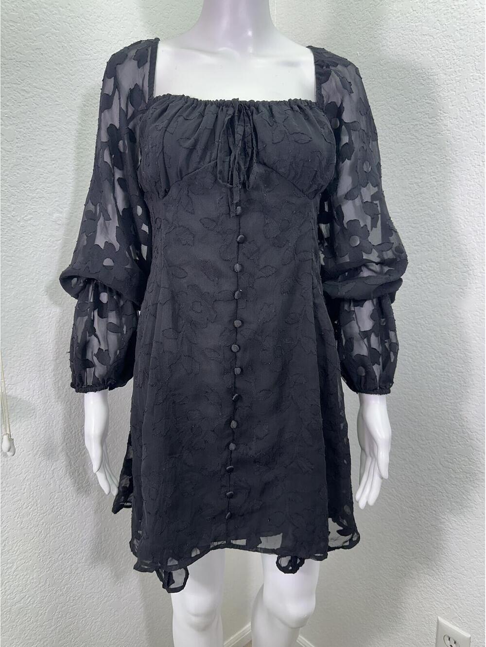 Sz L Urban Outfitters Black Sheer Burnout Mini Dress Goth Balloon Sleeves Empire
